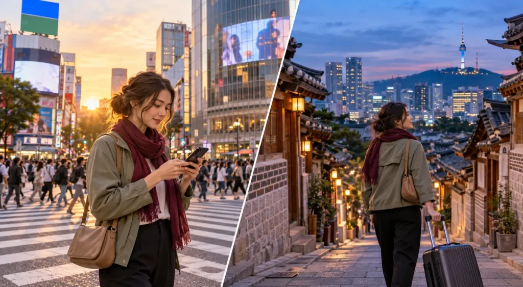 Traveler in Tokyo and Seoul during a two-country trip