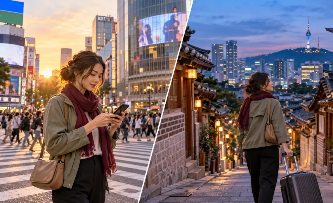 Traveler in Tokyo and Seoul during a two-country trip