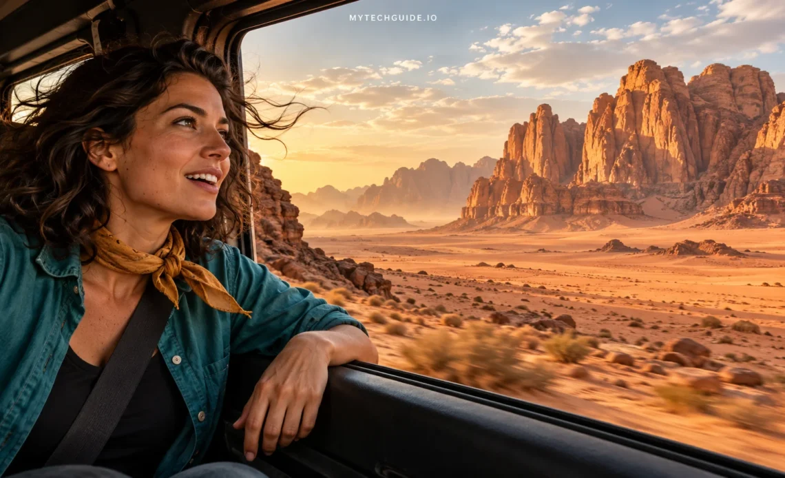 Traveler looking through a jeep window at sunlit sandstone mountains in Wadi Rum, Jordan.