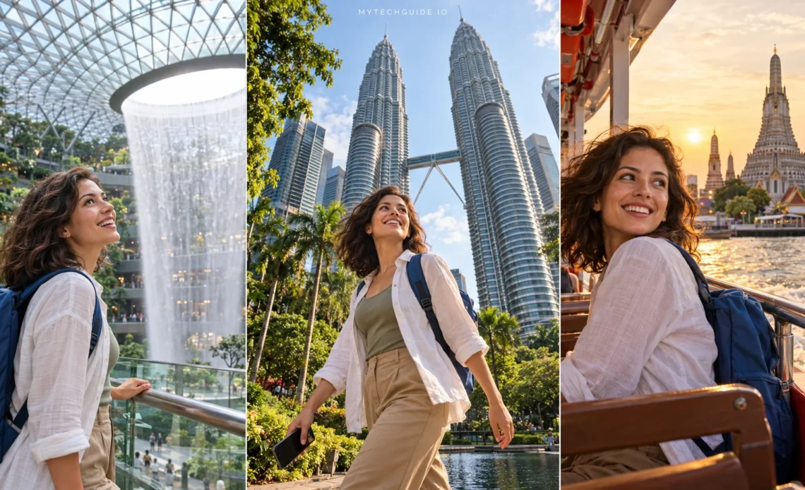 Three-panel scene showing a traveler at Jewel Changi in Singapore, the Petronas Towers in Kuala Lumpur and near Bangkok’s Wat Arun by boat.