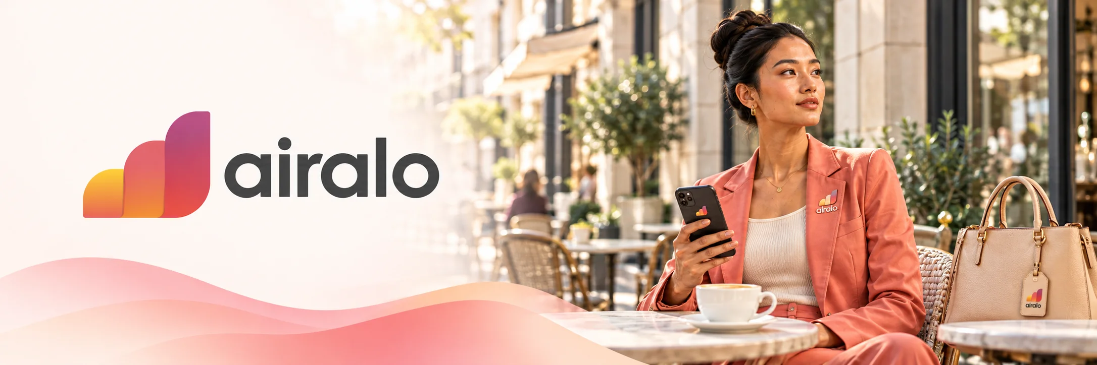 Airalo logo beside a traveler in a coral suit at an outdoor city café