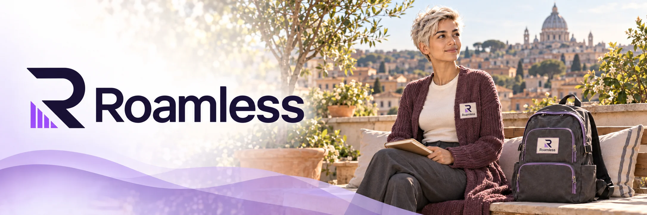 Roamless logo beside a traveler relaxing on a rooftop terrace overlooking the city
