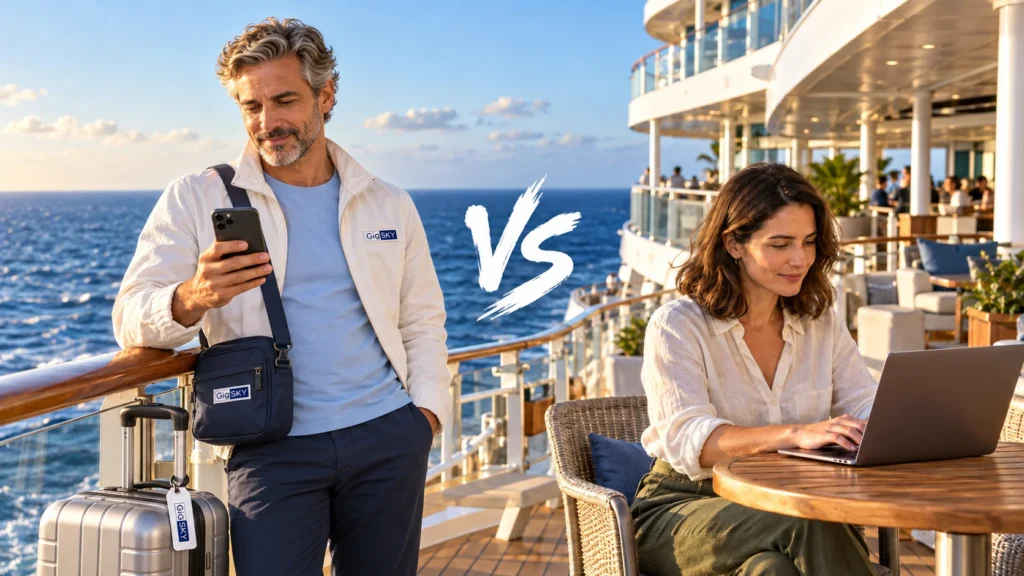 GigSky character using a smartphone beside a traveler with a laptop on a cruise ship deck.