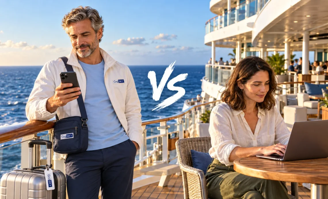 GigSky character using a smartphone beside a traveler with a laptop on a cruise ship deck.
