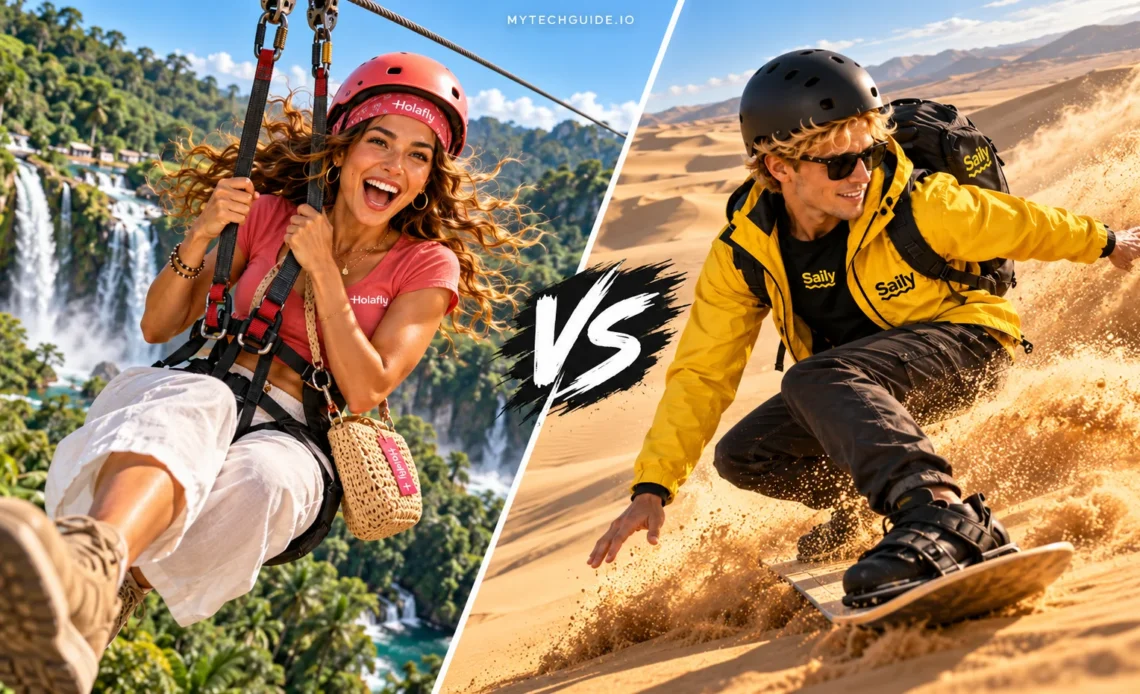 Holafly traveler ziplining near a tropical waterfall and Saily traveler carving down a sand dune.