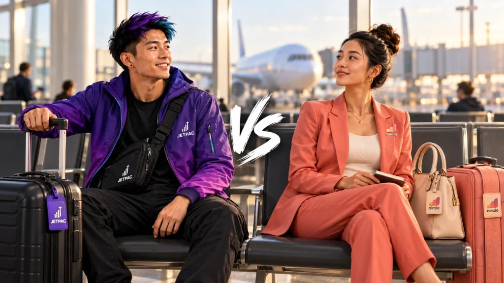 Jetpac and Airalo travel characters with luggage in an airport terminal.