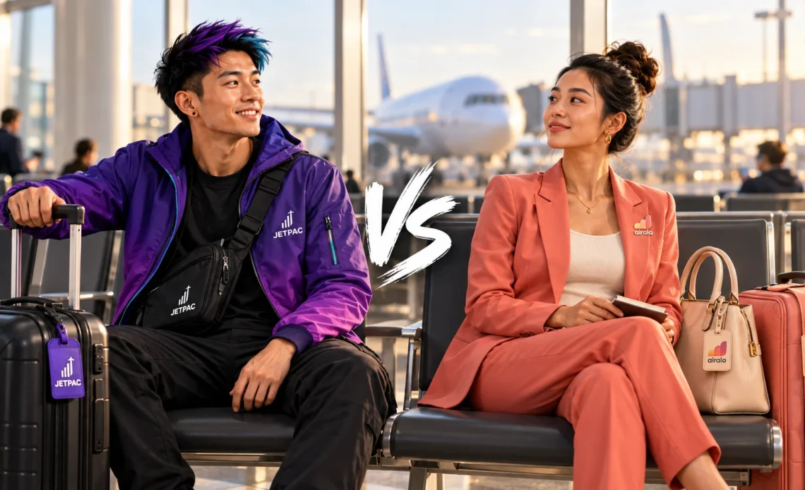 Jetpac and Airalo travel characters with luggage in an airport terminal.