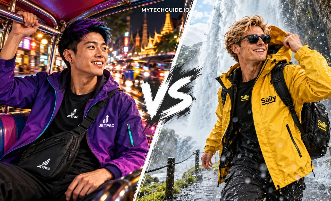 Jetpac traveler riding a tuk-tuk through Bangkok at night and Saily traveler exploring an Icelandic waterfall.