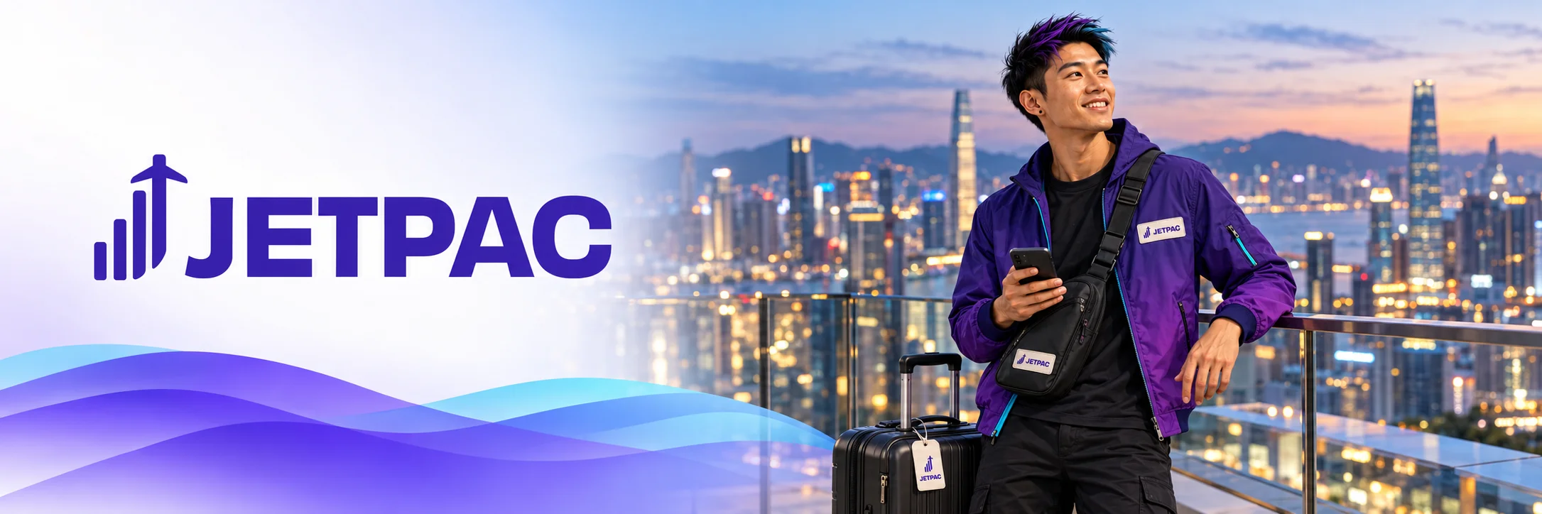 Jetpac logo beside a traveler holding a phone overlooking a city skyline at dusk