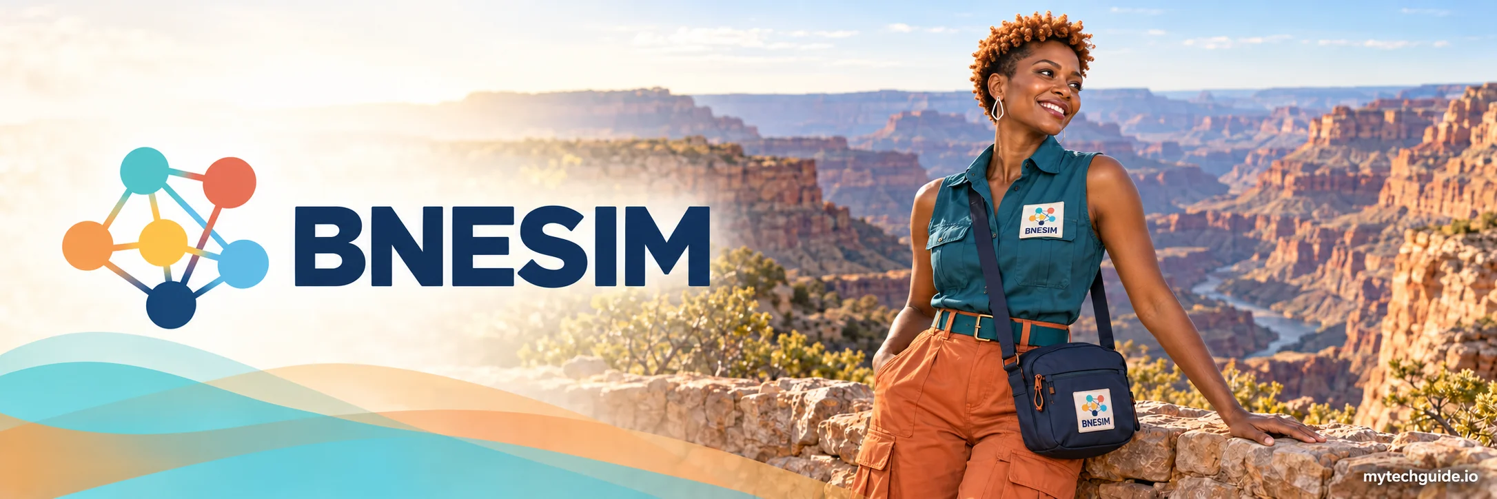BNESIM logo beside a traveler in a teal shirt and terracotta trousers at a canyon viewpoint