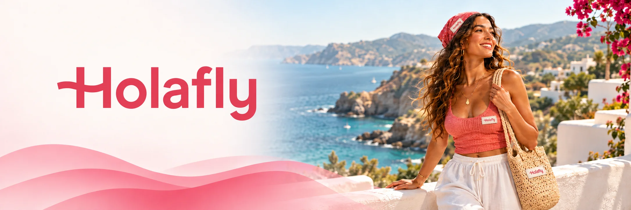 Holafly logo beside a traveler with a woven bag on a terrace overlooking a turquoise bay