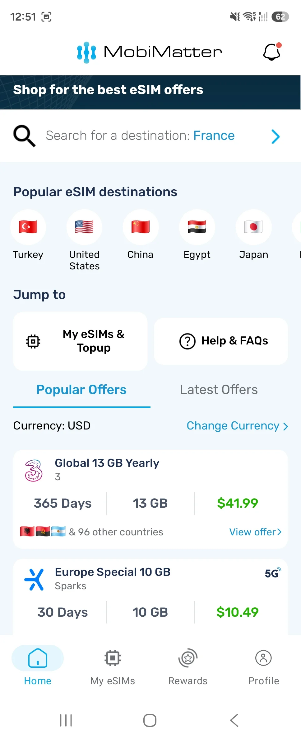 MobiMatter app showing destination search, popular countries and eSIM offers
