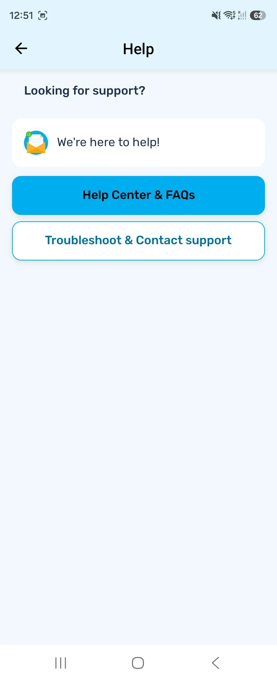 MobiMatter app help screen with FAQs, troubleshooting and support contact options