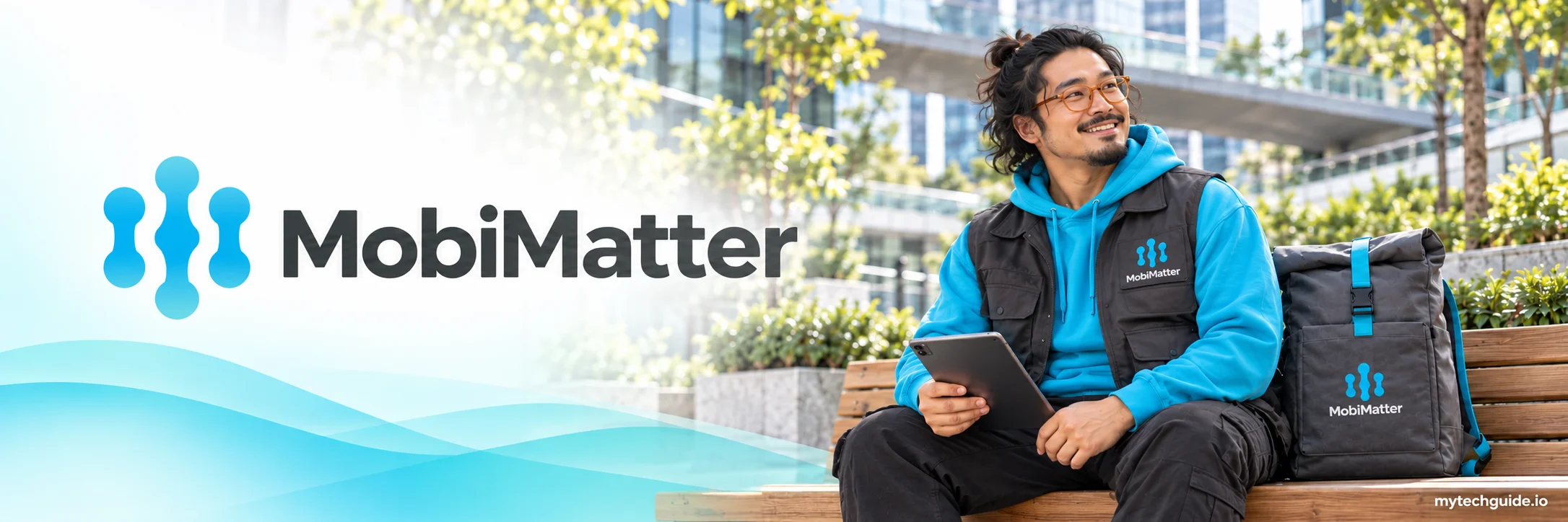 MobiMatter logo beside a traveler with a tablet and backpack in a modern urban garden