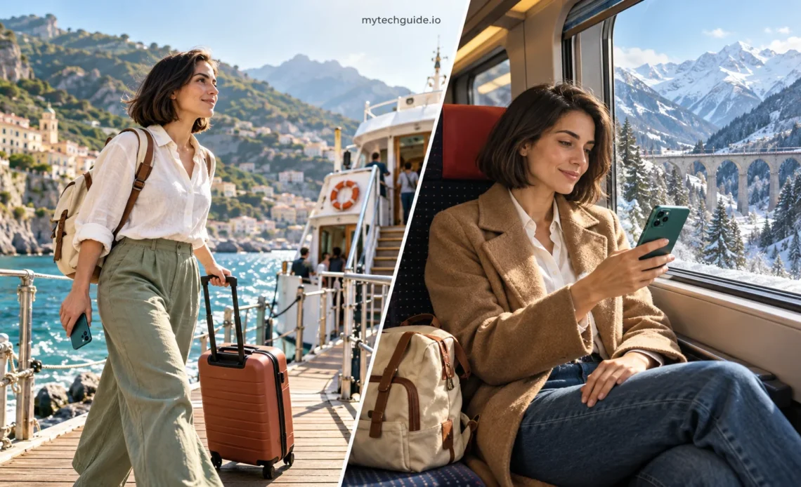 Traveler with a smartphone on a sunny coastal pier and aboard a train in the snowy Alps.
