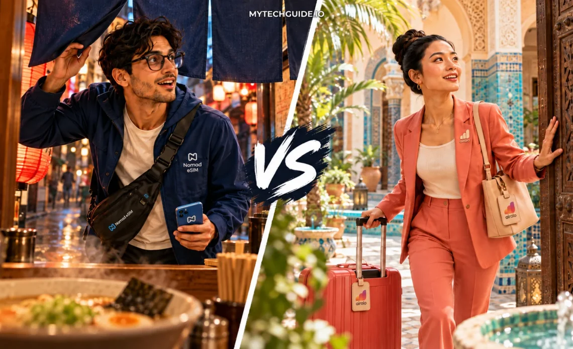 Nomad eSIM traveler entering a Japanese ramen shop and Airalo traveler arriving at a Moroccan riad.