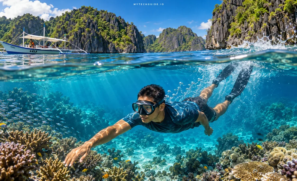Freediver exploring a coral reef in Coron, Palawan, with an outrigger boat and limestone cliffs above the water.