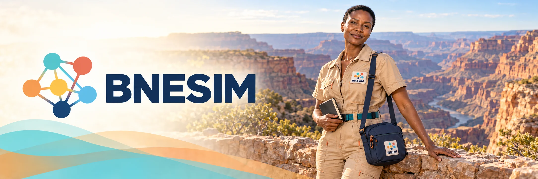 BNESIM logo beside a traveler at a canyon viewpoint