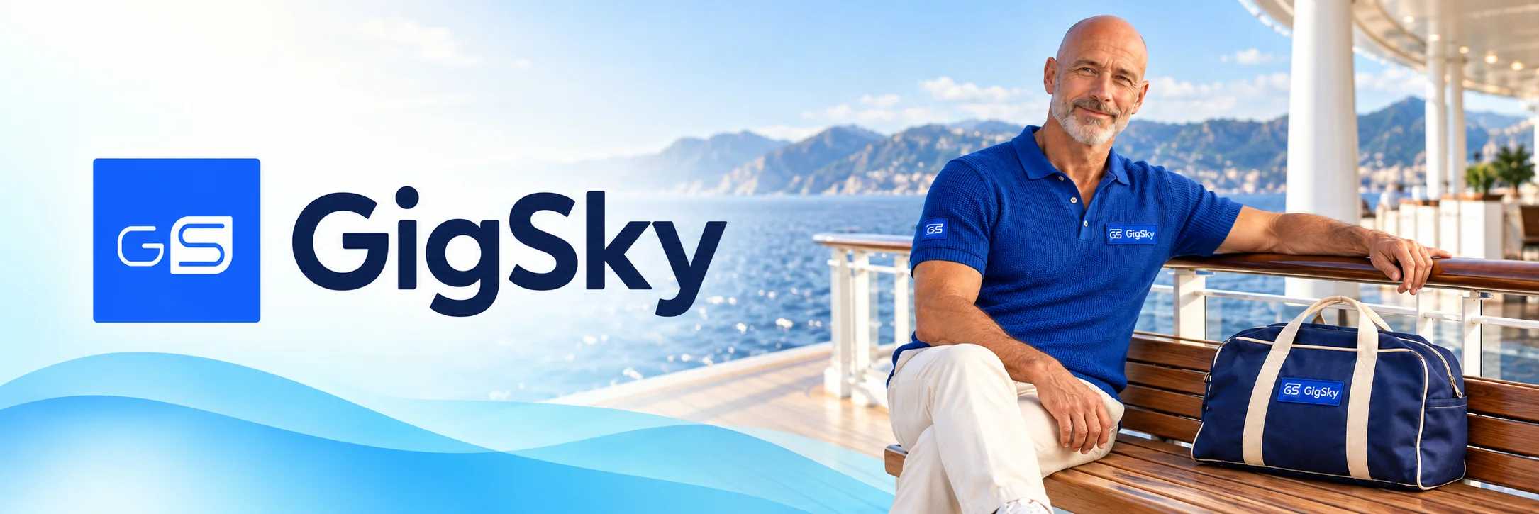 GigSky logo beside a traveler relaxing on a cruise ship deck overlooking the sea
