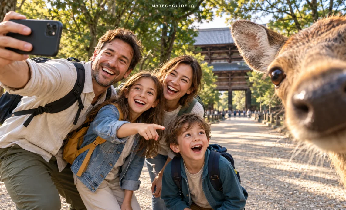 Family of four taking a selfie as a curious deer approaches the camera in Nara Park, Japan.
