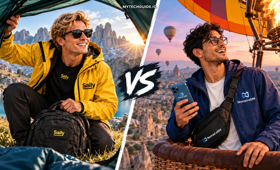 Saily traveler emerging from an Alpine tent and Nomad eSIM traveler riding a hot air balloon over Cappadocia.