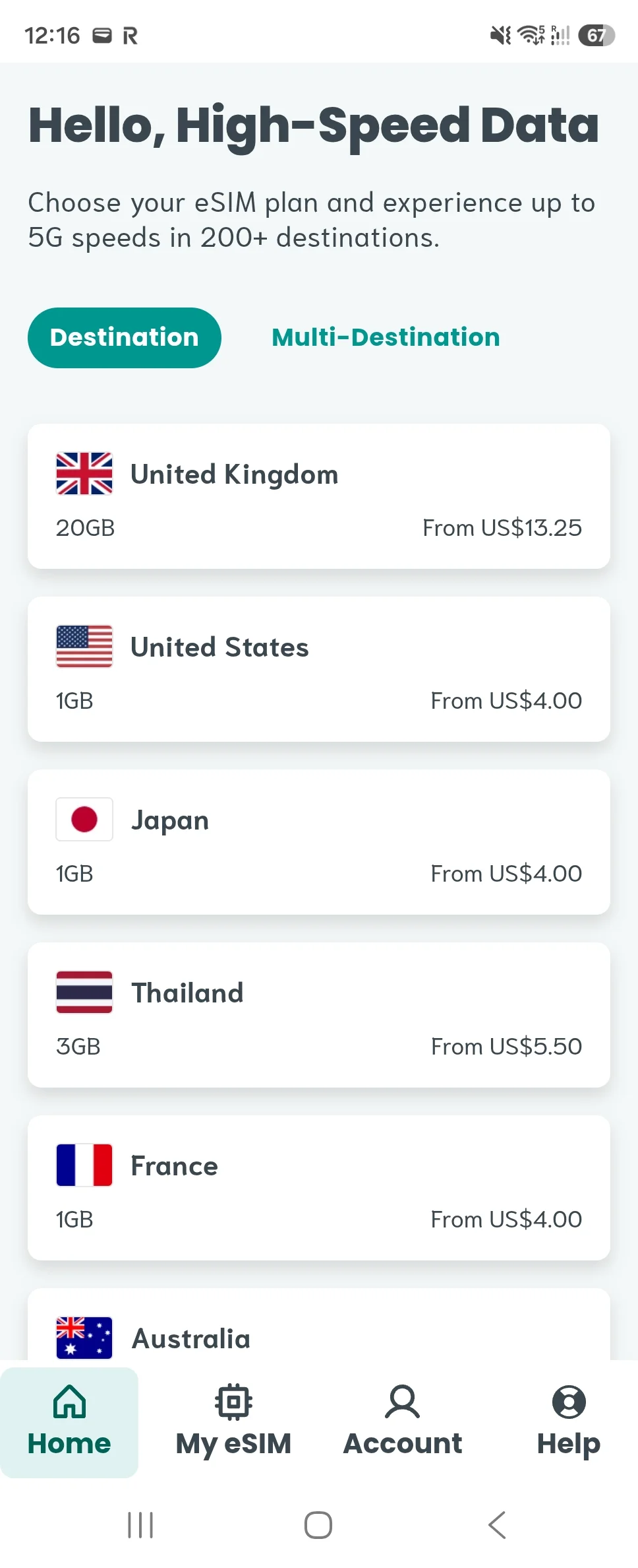 Sim Local app showing eSIM destinations, data allowances and starting prices
