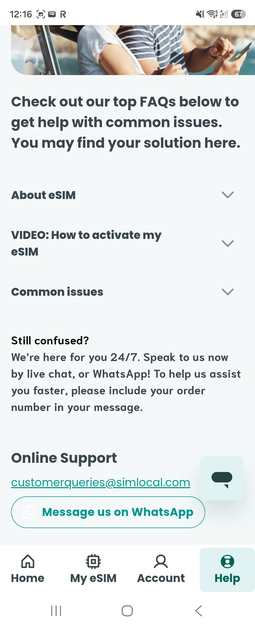 Sim Local app help screen with FAQs, live chat, email and WhatsApp support