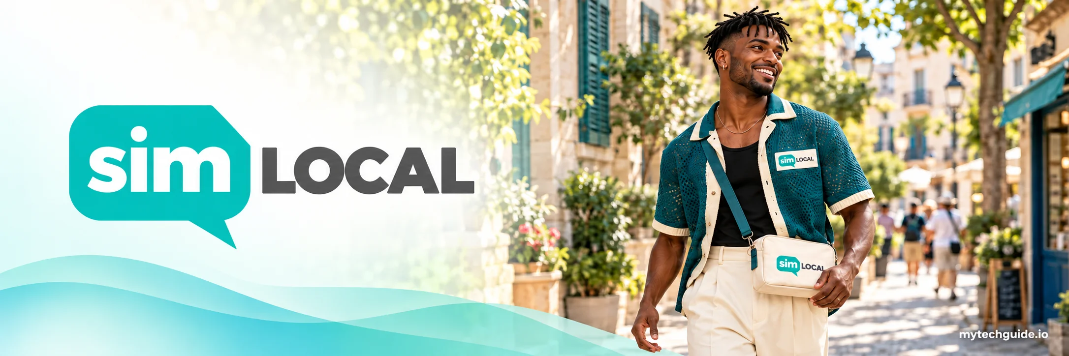Sim Local logo beside a traveler in a teal crochet shirt walking along a sunny European street