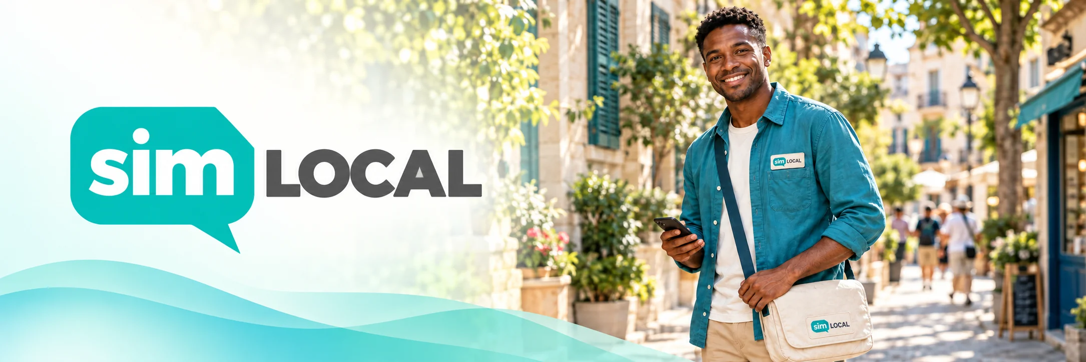 Sim Local logo beside a traveler with a smartphone on a European street