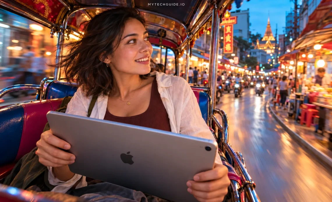 Traveler holding an iPad during a tuk-tuk ride through Bangkok’s evening markets.