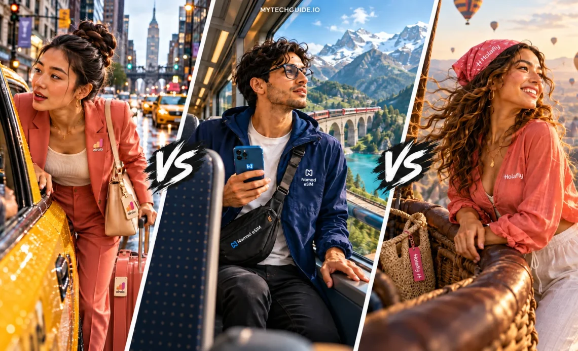 Airalo beside a New York taxi, Nomad eSIM on an Alpine train, and Holafly in a hot-air balloon over Cappadocia.