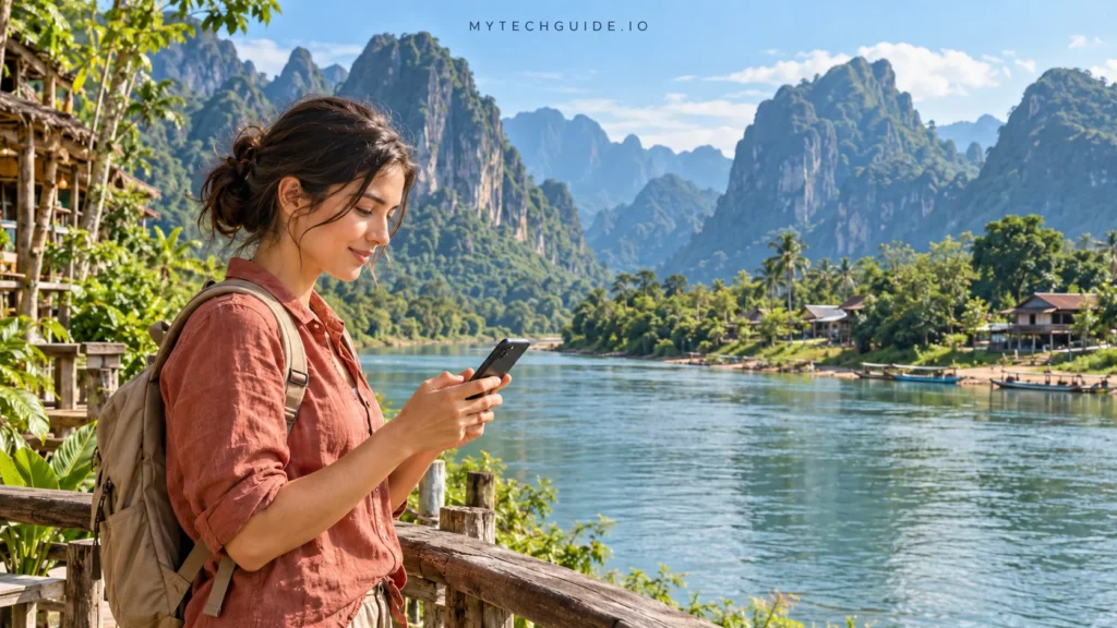 Traveler using a smartphone beside the Nam Song River in Vang Vieng, Laos.