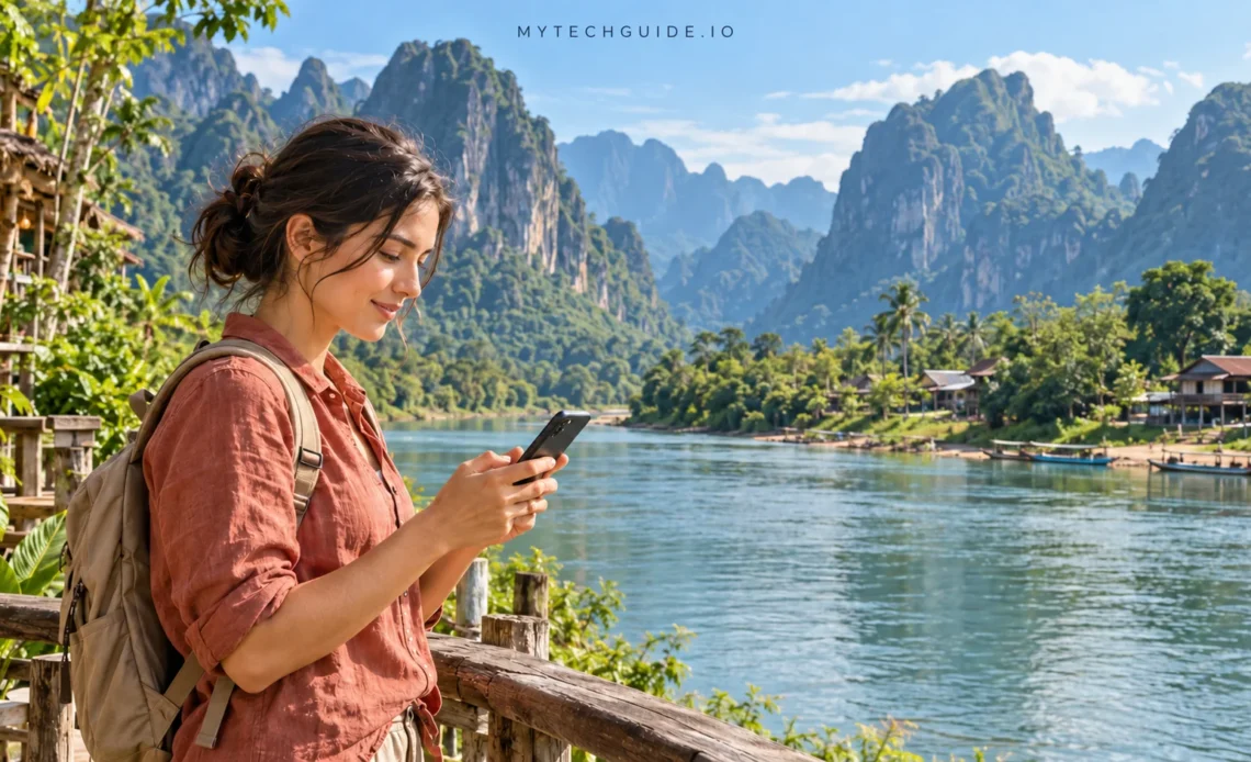 Traveler using a smartphone beside the Nam Song River in Vang Vieng, Laos.