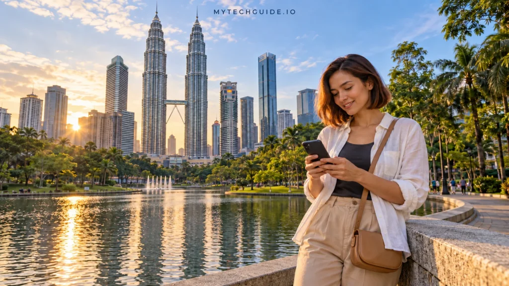 Traveler using a smartphone in KLCC Park at sunset, with the Petronas Twin Towers in Kuala Lumpur in the background.