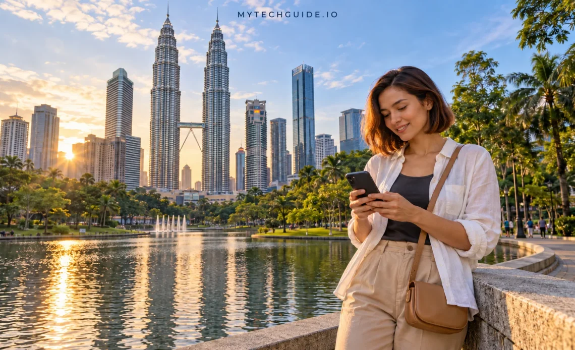 Traveler using a smartphone in KLCC Park at sunset, with the Petronas Twin Towers in Kuala Lumpur in the background.