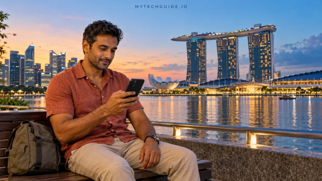 Traveller using a smartphone by Marina Bay in Singapore, with Marina Bay Sands illuminated at dusk.