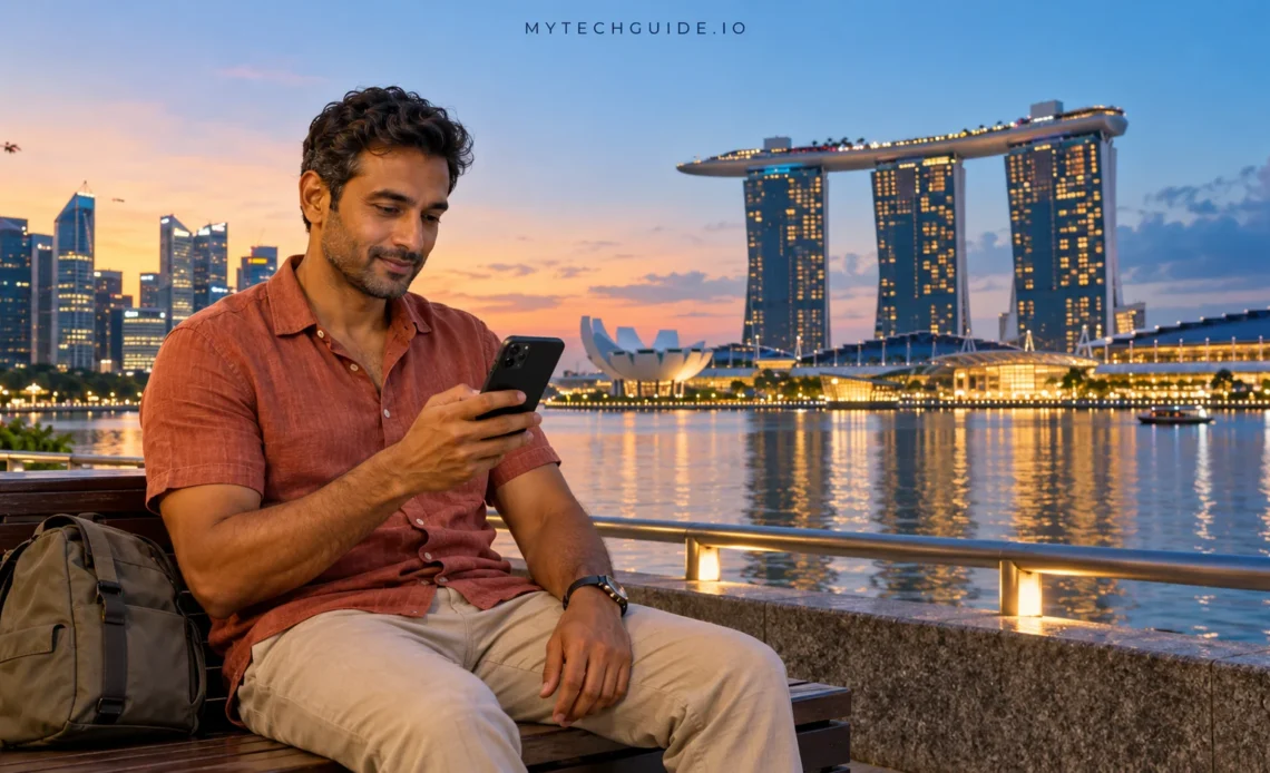 Traveller using a smartphone by Marina Bay in Singapore, with Marina Bay Sands illuminated at dusk.