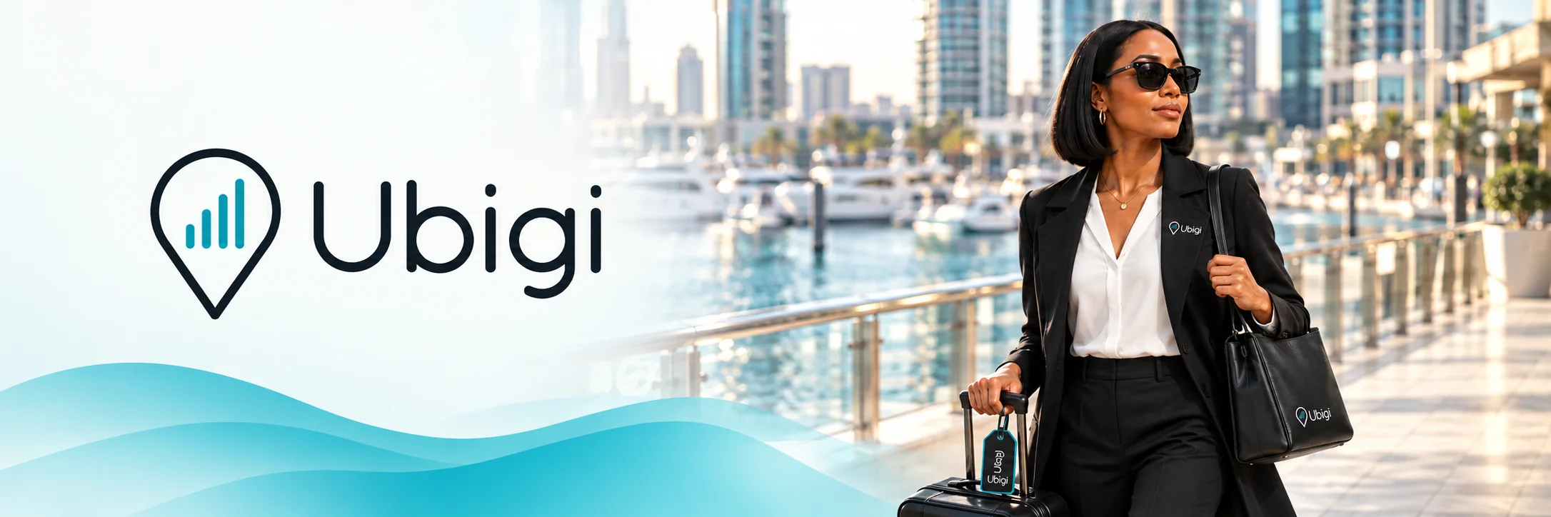 Ubigi logo beside a traveler in a black suit with luggage on a modern waterfront promenade