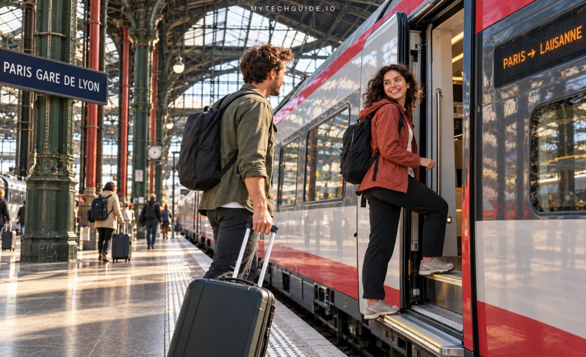 Two travelers boarding a train from Paris to Lausanne with the Alps in the background.