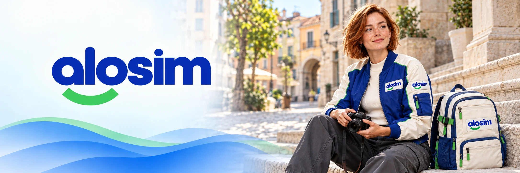 aloSIM logo beside a traveler holding a camera, with a backpack on stone steps