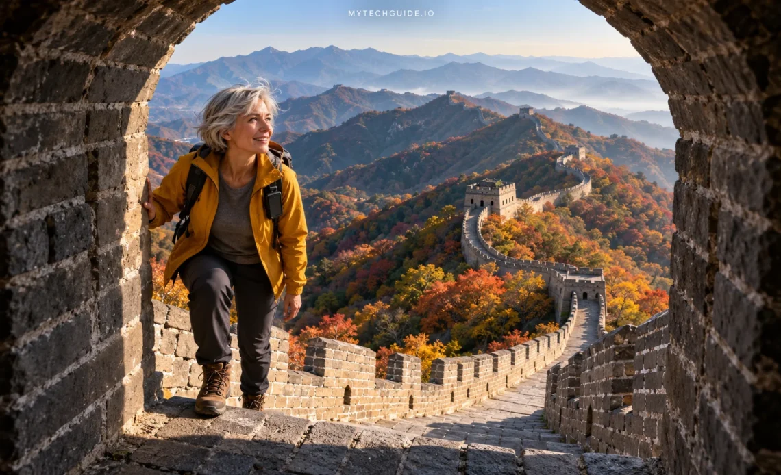 Traveler climbing into a watchtower on the Mutianyu Great Wall, overlooking autumn-colored mountains in China.