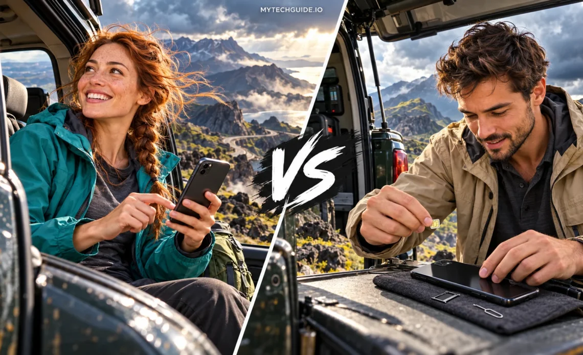 Travelers using a smartphone and preparing a physical SIM beside an off-road vehicle in the mountains.