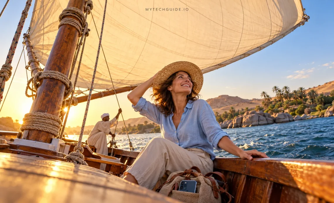 Traveler holding her hat beneath a billowing felucca sail on the Nile near Aswan, Egypt.