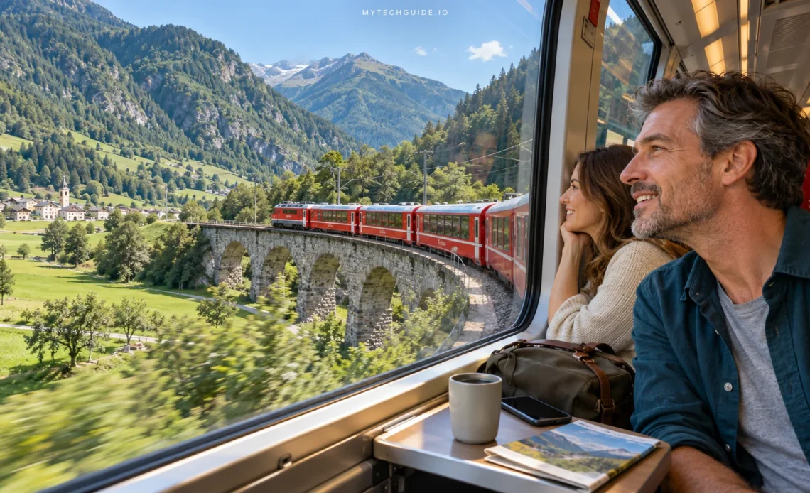 Travelers watching the red Bernina Express curve around the Brusio viaduct through a panoramic carriage window.
