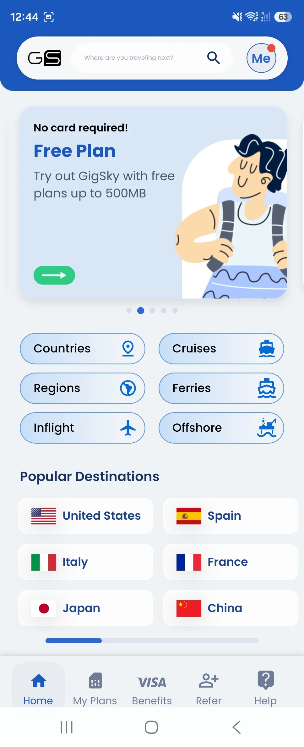 GigSky app showing popular destinations and eSIM categories for countries, cruises and flights
