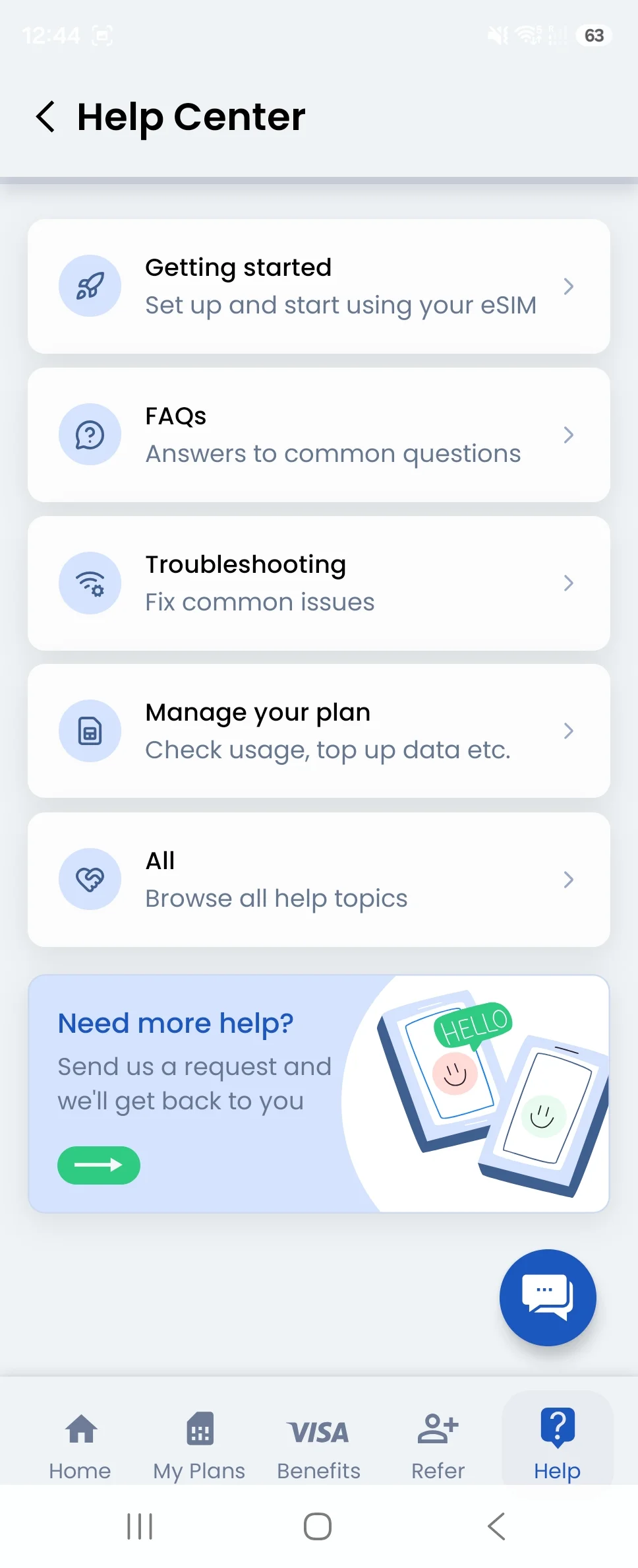 GigSky app Help Center with setup guides, FAQs, troubleshooting and support contact options
