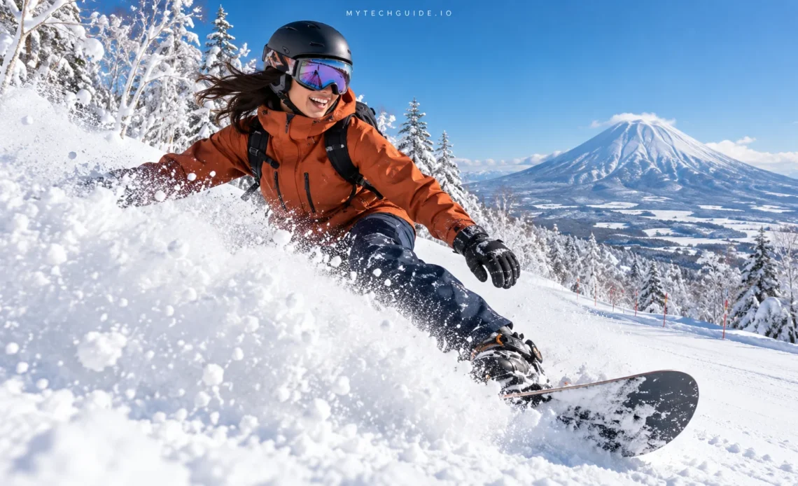Snowboarder carving through fresh powder in Niseko, Hokkaido, with Mount Yotei in the background.
