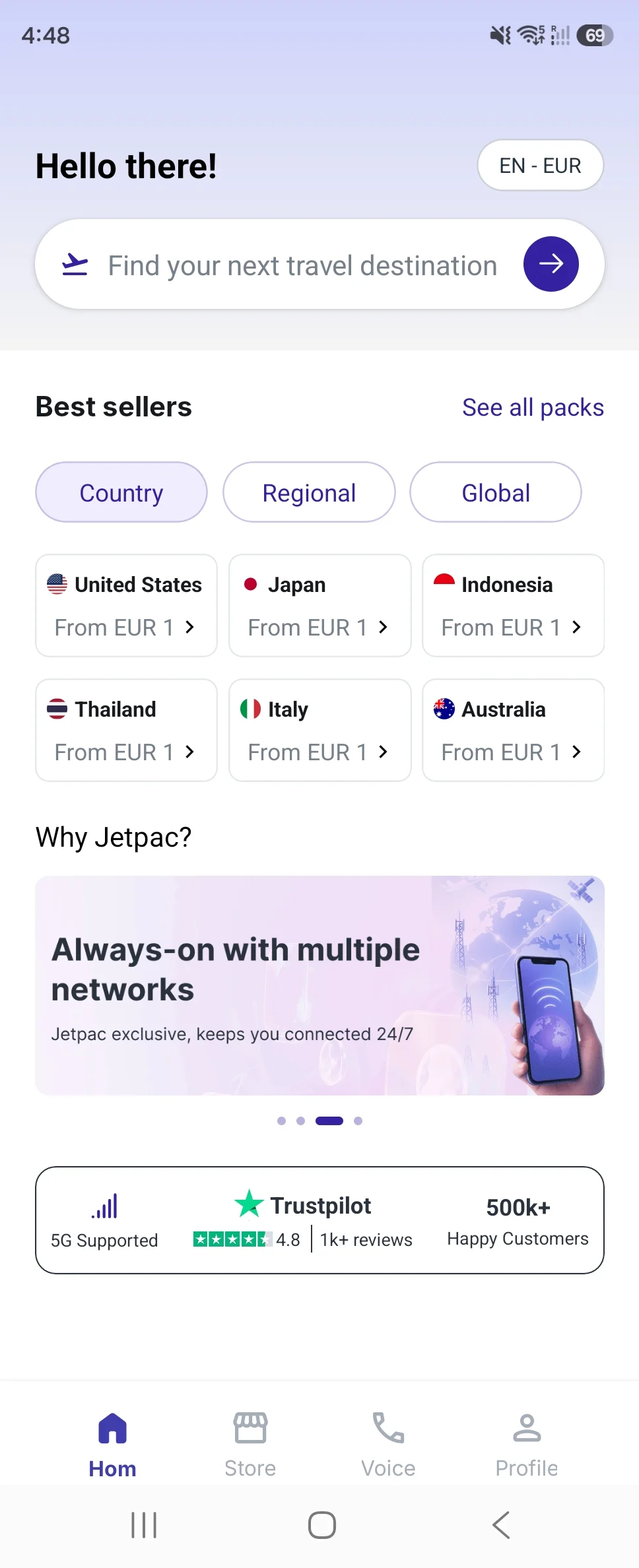 Jetpac app home screen with destination search and country, regional and global eSIM categories
