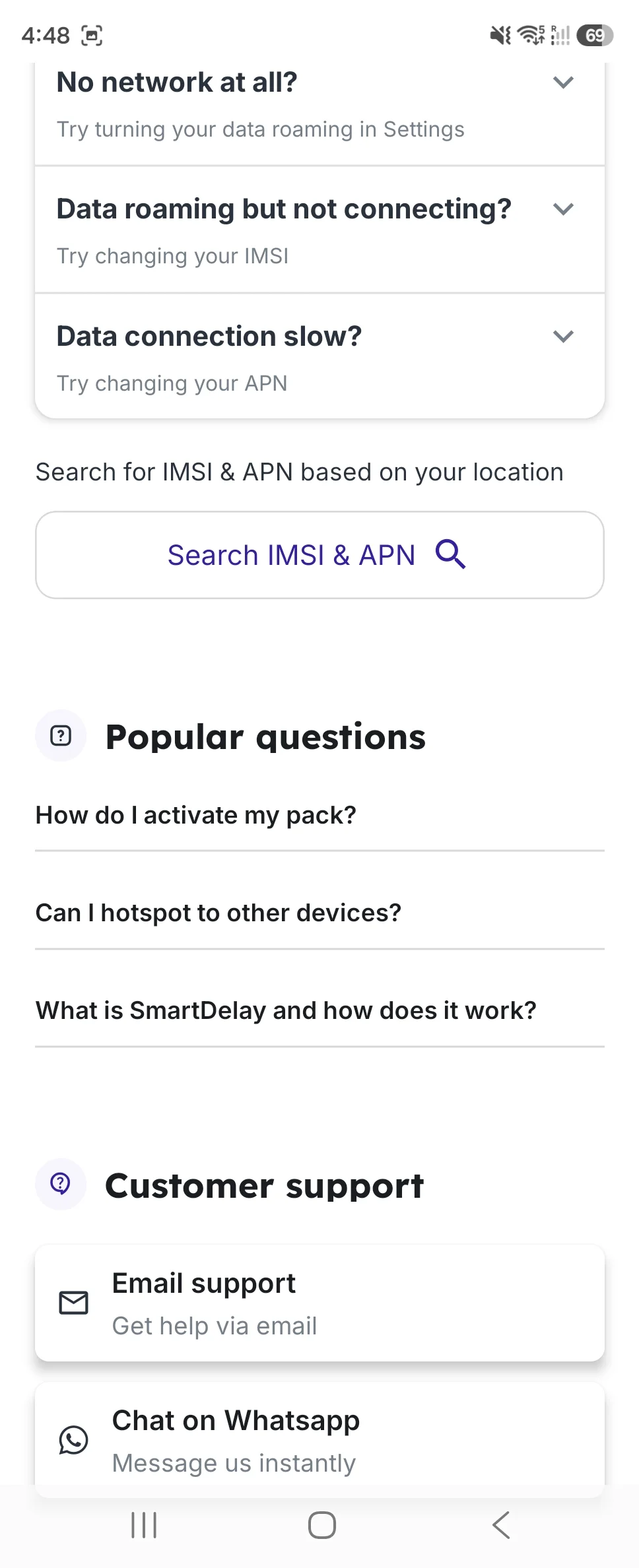 Jetpac app help screen with troubleshooting tips, FAQs, email support and WhatsApp chat