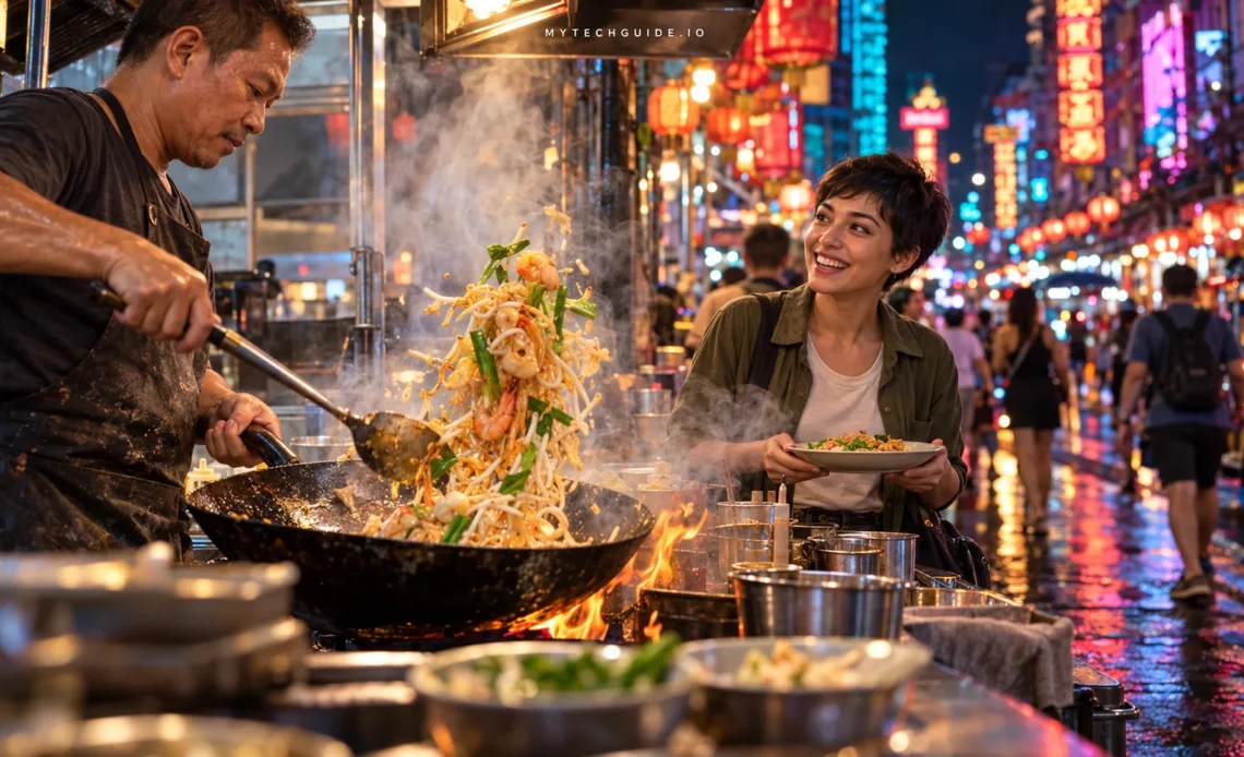 Traveler watching a street-food cook toss noodles in a steaming wok on Yaowarat Road in Bangkok at night.